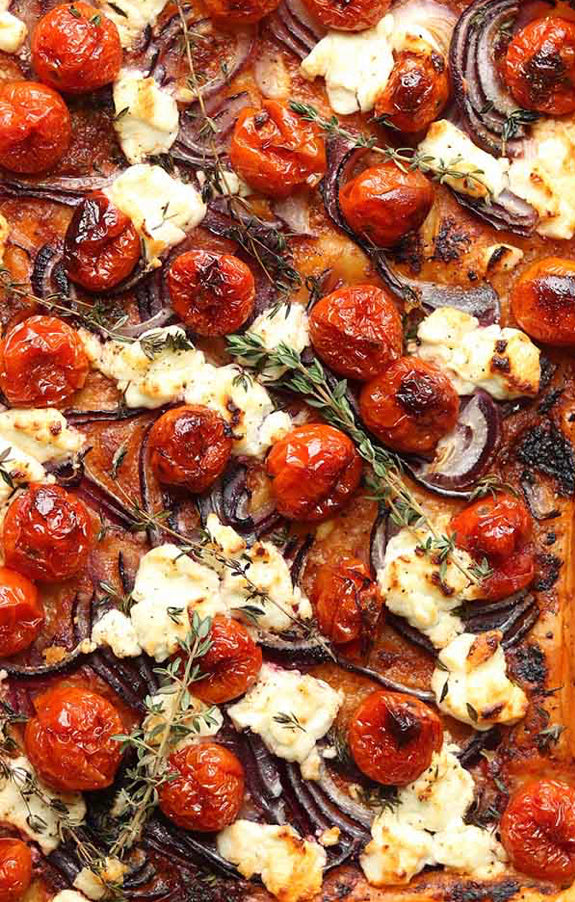 Roasted Cherry Tomato, Goats Cheese and Basil Tart (V)