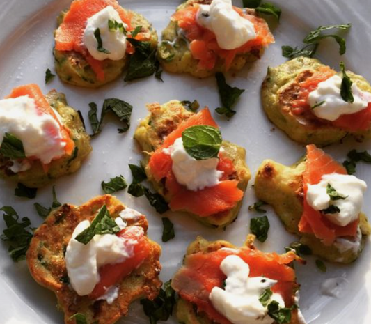 Zucchini blinis with smoked salmon